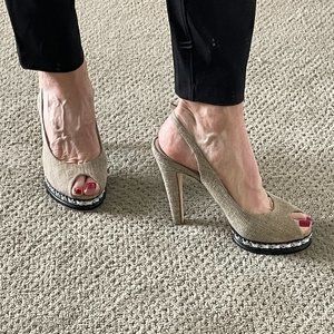 Chanel platform tweed peep-toe sandals, size 40